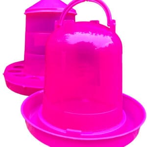 pink chicken feeder and drinker sold as a pair