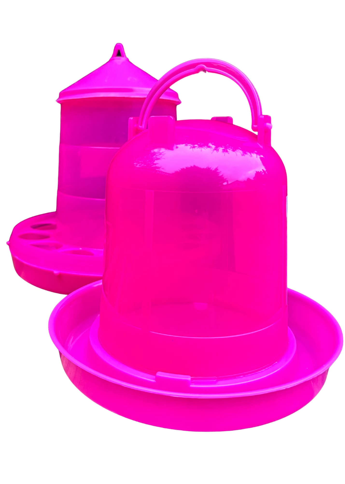 pink chicken feeder and drinker sold as a pair