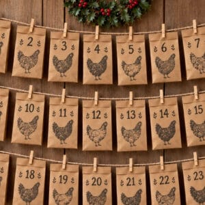 artisan advent calendar for chickens hanging on a string