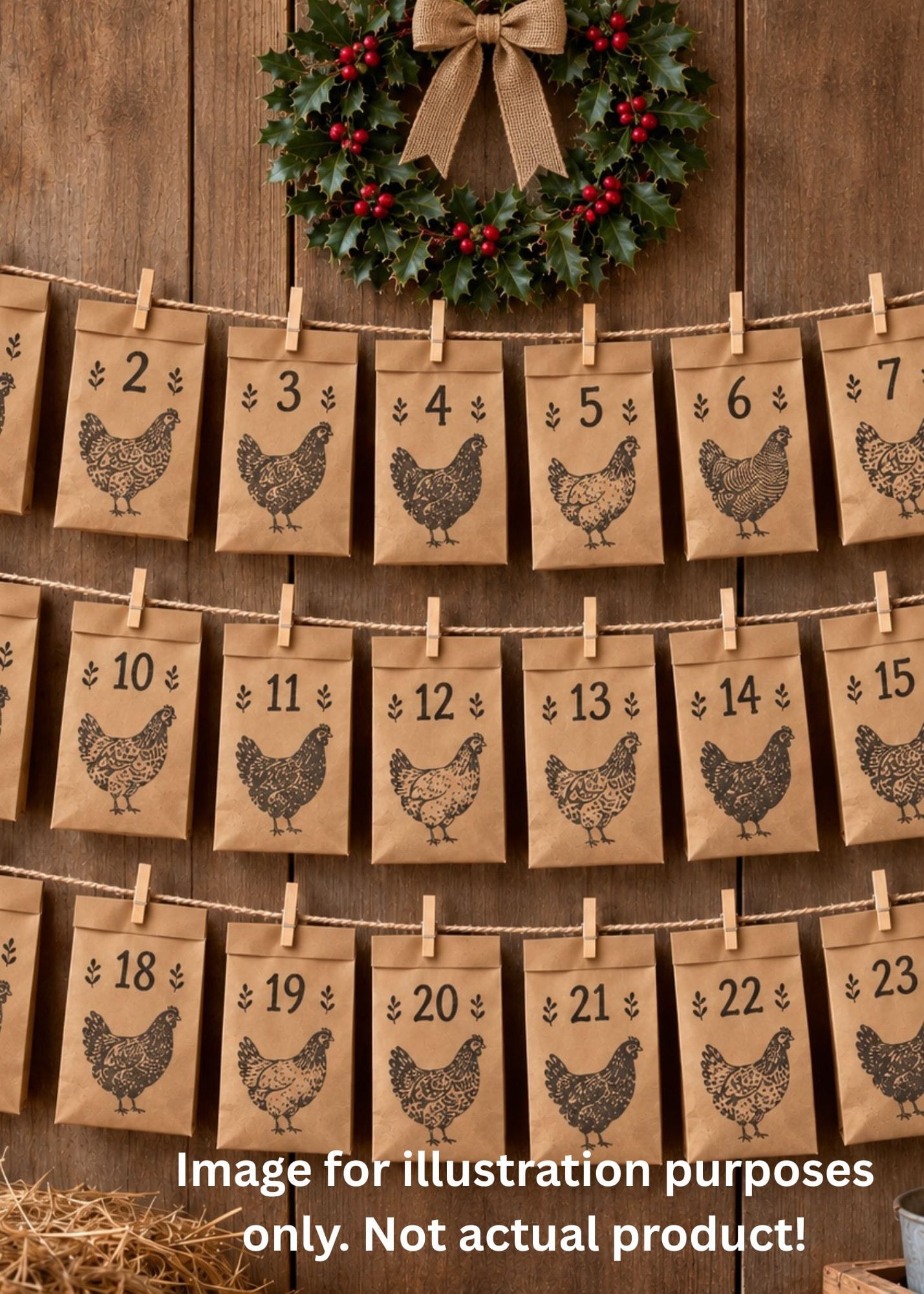 artisan advent calendar for chickens hanging on a string